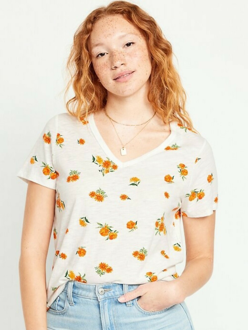 Old Navy White Slub Knit V-Neck Sunflower Floral Tee - Orange Flower Print Large